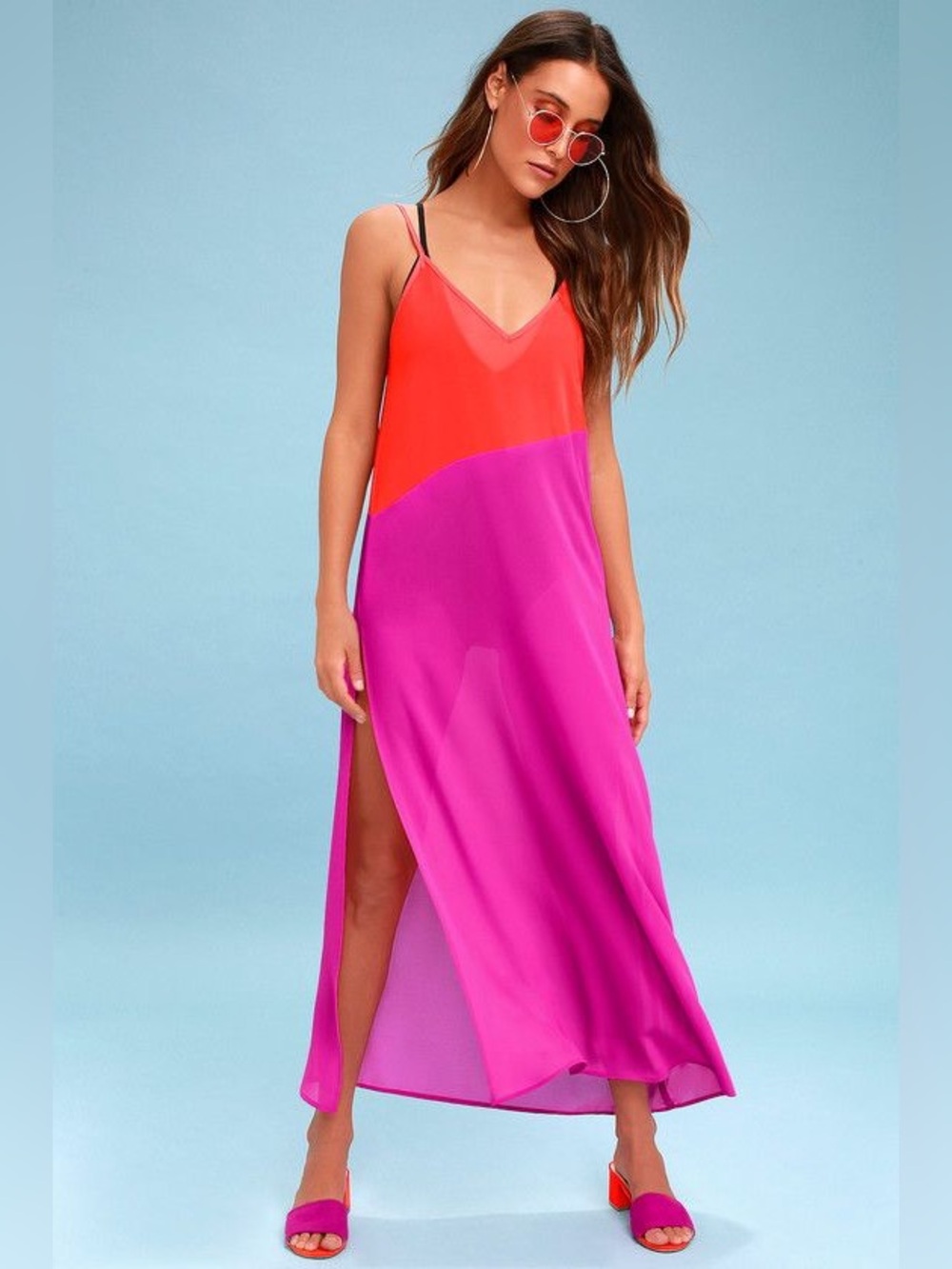 NWT Lulus Seaside Retreat Coral Red and Magenta Maxi Cover-Up, size L